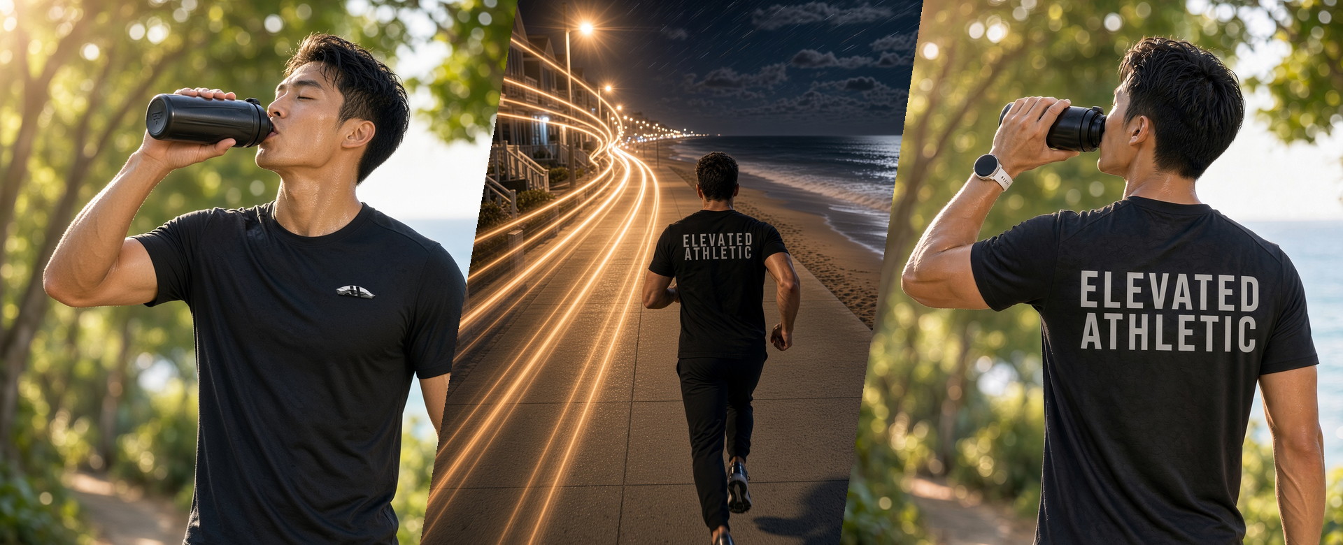 Trail and night boardwalk in black elevated athletic gear