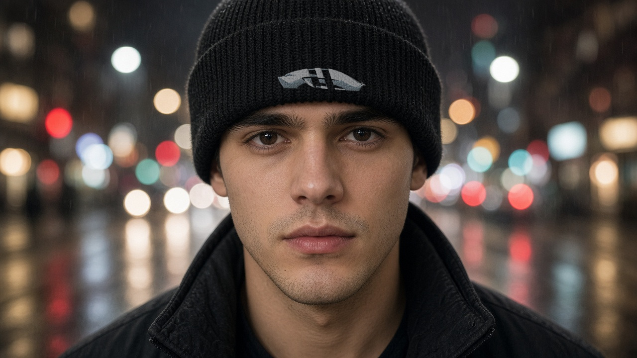 Person on a rainy city street at night wearing a navy elevnEV beanie with front embroidered mark