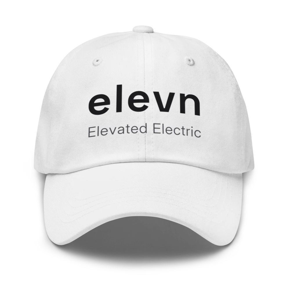 a white dad hat with elevn and Elevated Electric on the front.