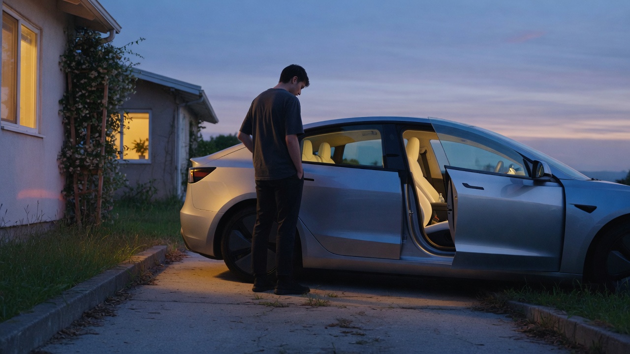 Blue hour in a driveway, cabin lit, beside a low silver car