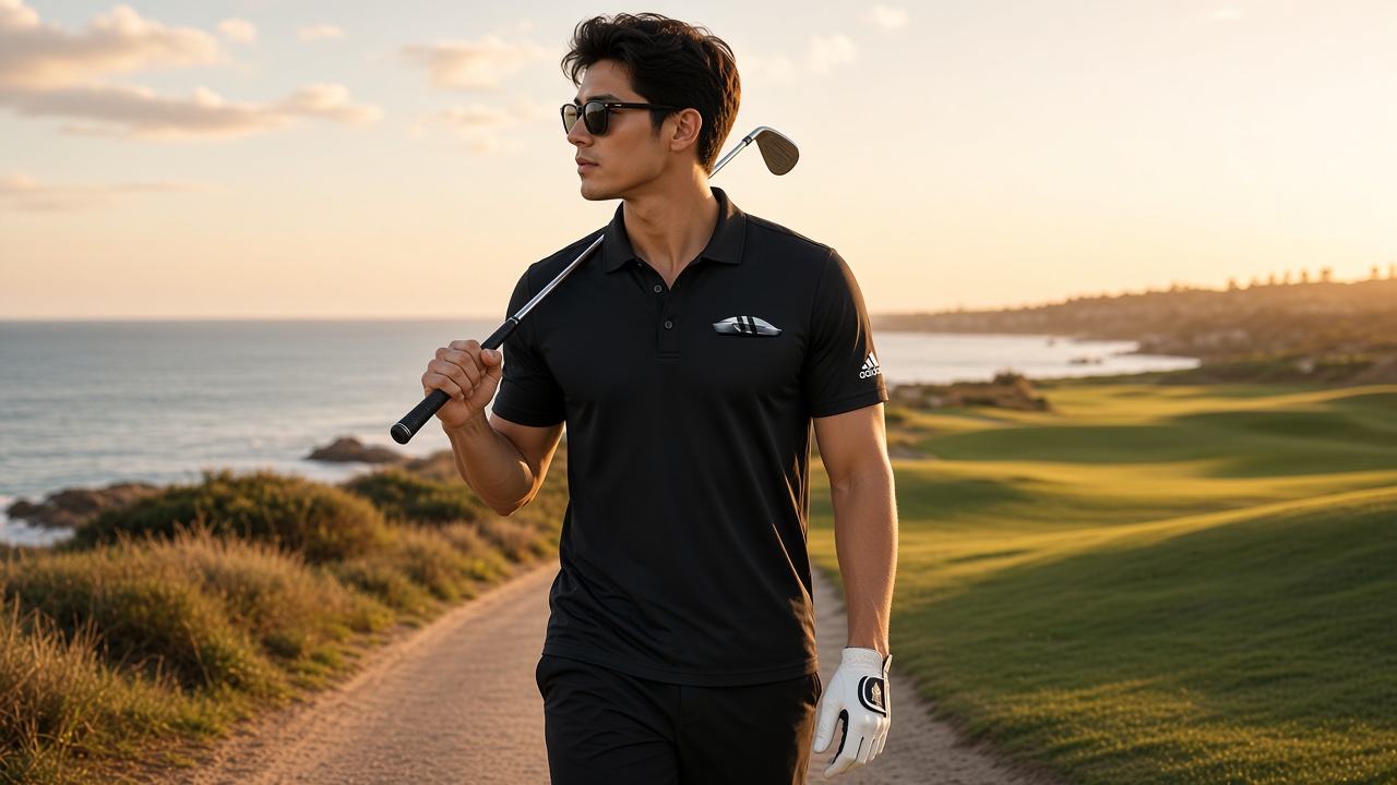 Golfer on a coastal course at sunset wearing a black elevnEV Adidas polo with left-chest embroidered mark