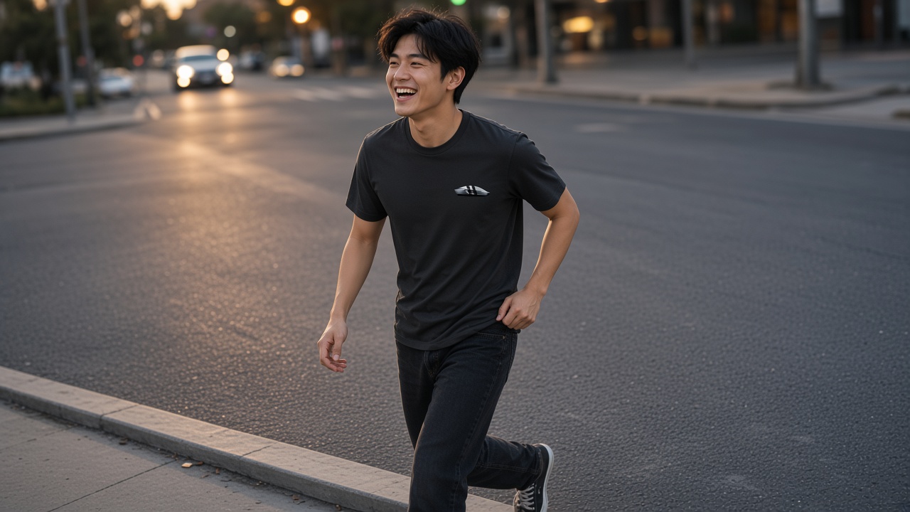 Person mid-stride on a city street at dusk wearing a charcoal elevnEV tee with left-chest logo